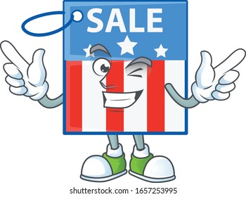 A comical face USA price tag mascot design with Wink eye