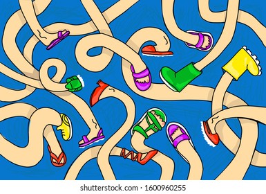 Comical feet in shoes, illustration of cartoon feet in boots. A lot of legs in different shoes stepping right and left