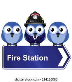 Comical fire station sign isolated on white background