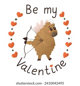 Comical flat hand drawn capybara with love lettering. St Valentines day typographic concept. Cute flat animal character with wings and bow. Isolated sticker on white background