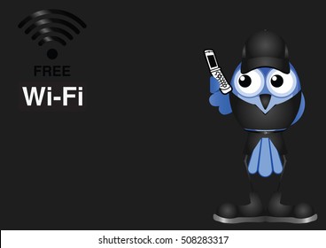 Comical free wifi connection using mobile phone on black background with 
copy space for own text
