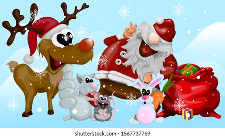 Comical and funny Christmas illustration with Santa Claus, deer, cat with rat, Bunny in cartoon style to design your cards.