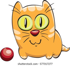 comical ginger tabby kitten with red ball, vector illustration, cartoon, isolated on white