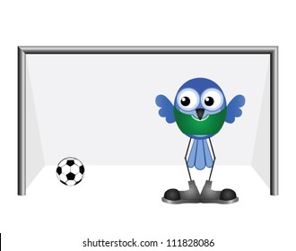 Comical goalkeeper letting in a goal isolated on white background