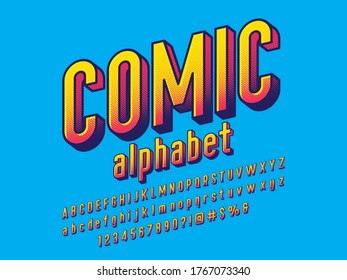 comical halftone style alphabet design with uppercase, lowercase, numbers and symbols