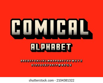 Comical halftone style alphabet design with uppercase, numbers and symbols