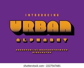 Comical halftone style alphabet design with uppercase, numbers and symbols