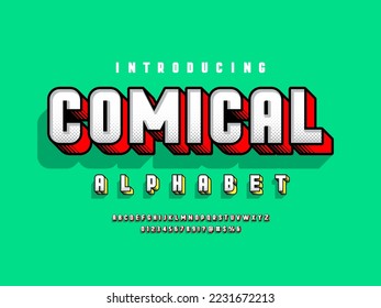 Comical halftone style alphabet design with uppercase, numbers and symbols