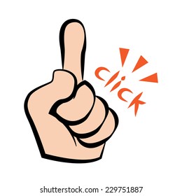 Comical hand-dawn index finger and click letters, vector illustration