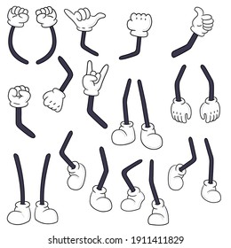 Comical hands   legs collection  Funny cartoon arms in gloves   feet in shoes performing various gestures   actions  Vector illustration for body language  comics  artwork