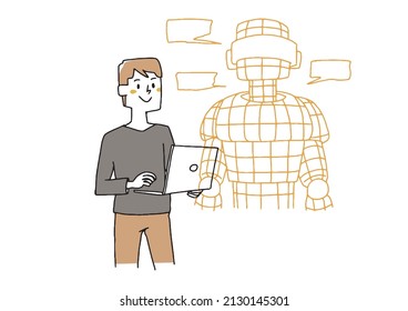 A comical handwritten illustration of a man designing a robot on a laptop computer