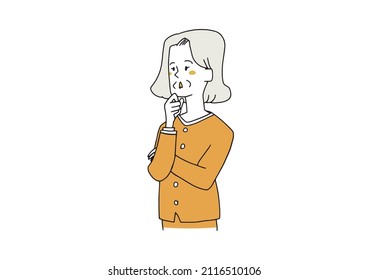 A comical handwritten illustration of a middle-aged and older business woman looking sideways