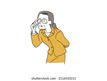 Eine komische handgeschriebene Illustration einer Geschäftsfrau mittleren Alters und älterer Geschäftsfrau, die nach der Seite schaut