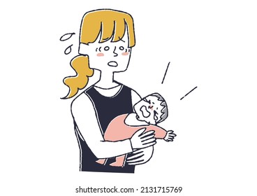  A comical handwritten person vector who is at a loss while holding a baby who keeps crying