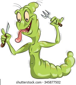 comical hungry worm with a knife and fork, vector, cartoon