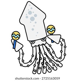 Uma ilustração cômica de uma lula gigante jogando maracas.
