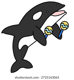 Una ilustración cómica de una ballena asesina saltando con maracas.