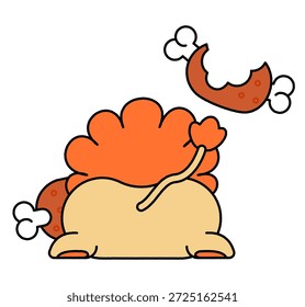 Uma ilustração cômica de um leão devorando comida.