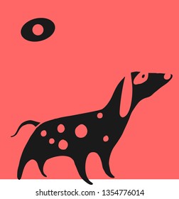 a comical illustration of a little black dog barks at night in the pink background vector