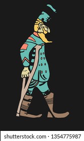 a comical  illustration of old disable old soldier walks on the street in the black background vector