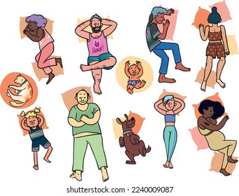 A comical illustration of people from different walks of life, a dog and a cat sleeping and relaxing peacefully and happily in different comfortable positions using pillows and cushions.