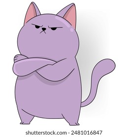 A comical illustration of a purple cartoon cat showing an angry expression with its arms crossed.