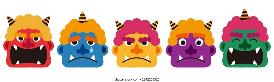A comical illustration set of demon faces in various colors.There are other variations as well.