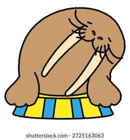 Eine komische Illustration eines Walrosses, der zu einer Croissant-Form aufgerollt ist.
