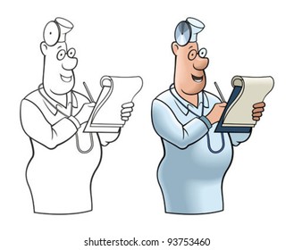 Comical image of the cheerful doctor with a notebook.