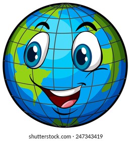 A comical image of Earth with a face on a white background 