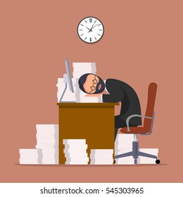 Comical image of office worker who has fallen asleep in a workplace. Flat style vector illustration.