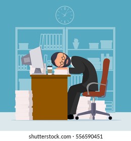 Comical image of office worker who has fallen asleep in a workplace,  vector illustration.