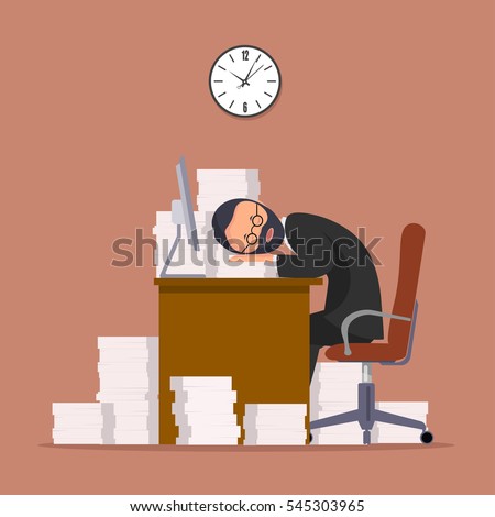 Comical image of office worker who has fallen asleep in a workplace. Flat style vector illustration.