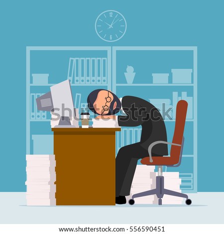 Comical image of office worker who has fallen asleep in a workplace,  vector illustration.