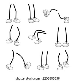 Piernas cómicas y pies de caricatura en zapatos blancos que representan varios vectores de movimiento