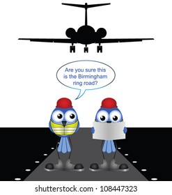 Comical lost construction workers isolated on white background