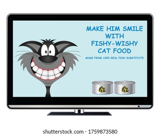 Comical made up brand television cat food advertisement isolated on white background