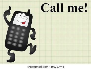 Comical mobile telephone and call me on graph paper background with copy space for own text