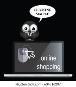 Comical online internet shopping with bird businessman shopper