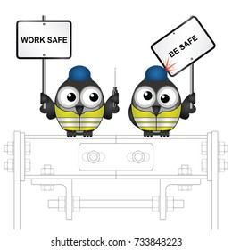 Comical owl construction workers with health and safety work safe be safe message perched on steelwork isolated on white background