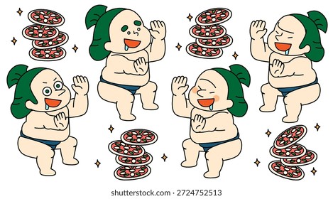 Una ilustración de patrones cómicos de luchadores de sumo bailando con alegría sobre pizza.