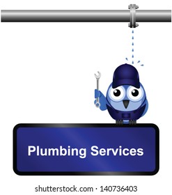 Comical Plumbing Services Sign isolated on white background