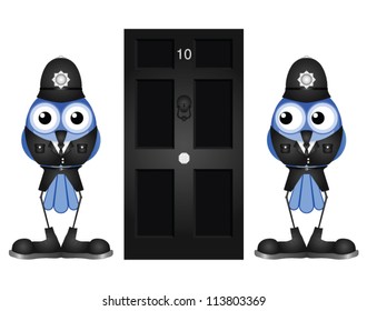 Comical policemen guarding a black door isolated on white background