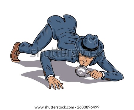 Comical pop art hand drawn outline vector of male detective in retro hat crawling on the floor and searching for clues with magnifying glass. Secret agent, spy, surveillance and investigation concept
