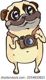 A comical pug hold a photocamera