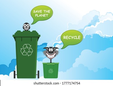 Comical recycle and save the planet environmental message with blue cloudy sky background