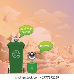 Comical recycle and save the planet environmental message with a stunning dawn sky background