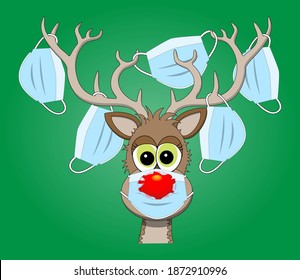 Comical reindeer with his red nose bursting through a surgical mask and more marks hanging in his antlers