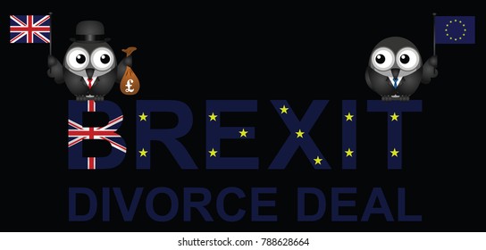 Comical representation of the Brexit divorce deal agreement with the United Kingdom paying fifty billion pounds to the European Union following the 2016 referendum to leave the EU 