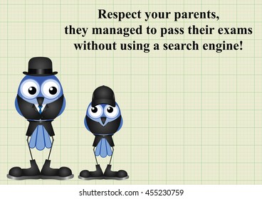 Comical respect your parents as they passed their exams without using a search engine on graph paper background with copy space for own text